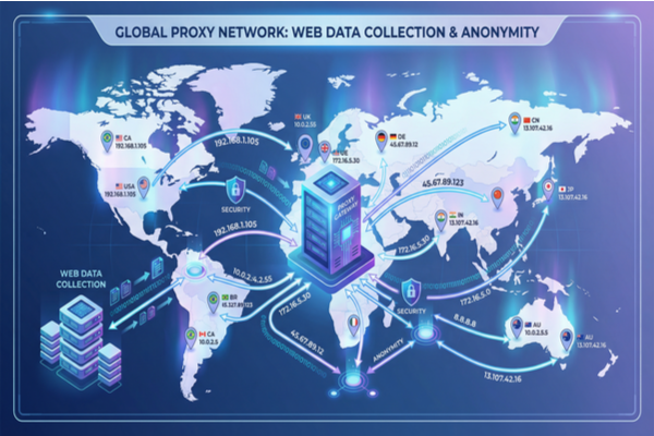 代理服务在全球数据采集中的应用示意图